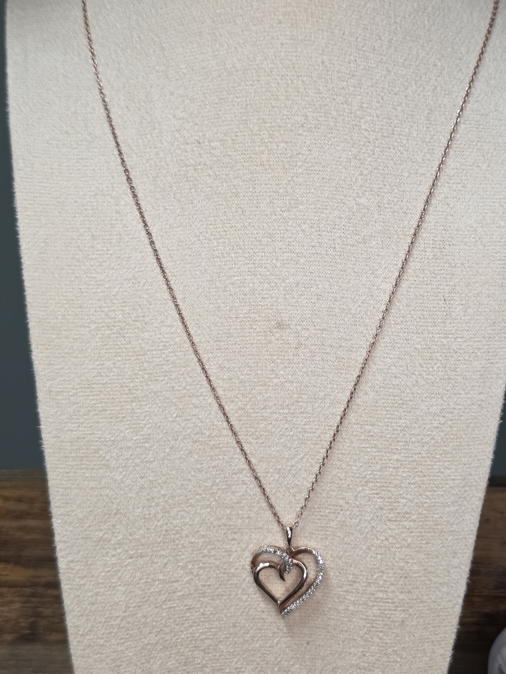 .925 Sterling Silver Rose Gold Tone Heart Pendant Necklace with Crystal Accents